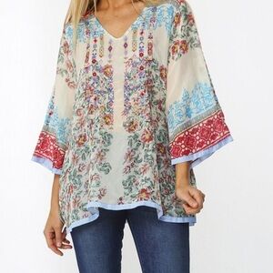 Johnny Was Cream Floral Embroidered V-Neck Tunic